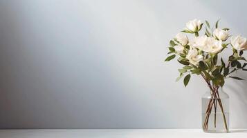 AI generated Vase with bouquet on a minimalist grey background with shadow. Photography with the concept of aesthetic and home decor photo