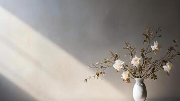 AI generated Vase with bouquet on a minimalist grey background with shadow. Photography with the concept of aesthetic and home decor photo