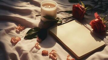AI generated Photo of a cozy bedroom atmosphere with roses, candle and notes. Morning relaxation and home comfort concept