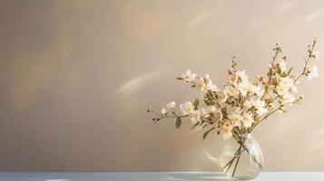 AI generated Vase with bouquet on a minimalist beige background with shadow. Photography with the concept of aesthetic and home decor photo