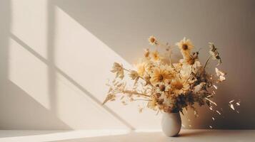 ai generado florero con ramo de flores en un minimalista beige antecedentes con sombra. fotografía con el concepto de estético y hogar decoración foto