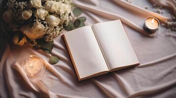AI generated Photo of a cozy atmosphere with a roses, book and notes. Elegant feminine decor in classic style