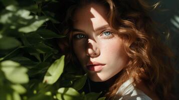 AI generated Portrait of curly woman surrounded by plants. Ai generated photo with wild atmosphere perfect for organic cosmetics, women's brands, wellness website