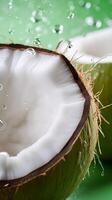 AI generated Vertical close up photography with half of coconut and water splashes. Minimalist studio shot Ai generation photo