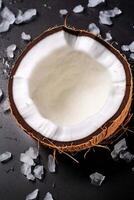 AI generated Vertical close up photo with half of coconut and pulp. Minimalist top view Ai generation