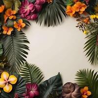 AI generated Dark tropical leaves and bright flowers on the white background. Ai generated photo top view template with botanical border and copy space