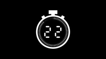 25 second countdown timer animation from 25 to 0 seconds. Modern white stopwatch countdown timer on black background. Pro Video