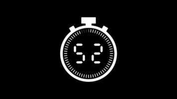 55 second countdown timer animation from 55 to 0 seconds. Modern white stopwatch countdown timer on black background. Pro Video