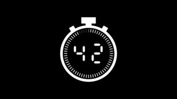 45 second countdown timer animation from 45 to 0 seconds. Modern white stopwatch countdown timer on black background. Pro Video