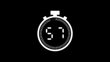 60 second countdown timer animation from 60 to 0 seconds. Modern white stopwatch countdown timer on black background. Pro Video