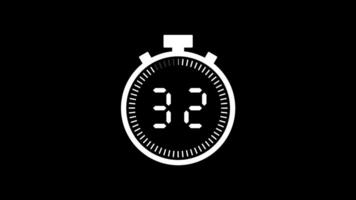 35 second countdown timer animation from 35 to 0 seconds. Modern white stopwatch countdown timer on black background. Pro Video