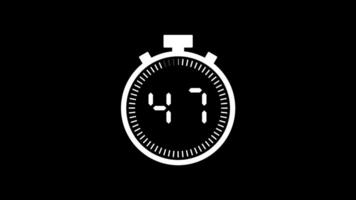 50 second countdown timer animation from 50 to 0 seconds. Modern white stopwatch countdown timer on black background. Pro Video