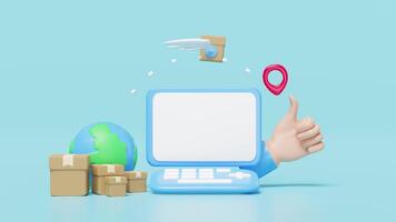 laptop computer with thumbs up, goods cardboard box fly, globe, pin isolated on blue background. express delivery route, worldwide shipping concept, 3d illustration render video