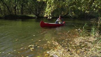 cowboy nel un' canoa galleggia su il fiume nel il foresta. storico ricostruzione di vita nel il selvaggio ovest di America. 4k video