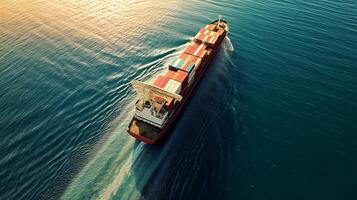 AI generated cargo ship full of standard shipping containers at the sea during shipping at day time photo