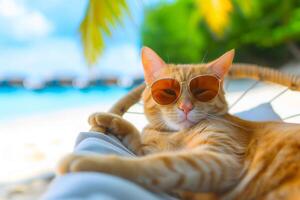 AI Generated tabby cat with sunglasses laid on tropical beach photo