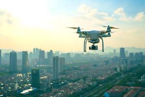 AI generated flying drone above the city at summer morning photo