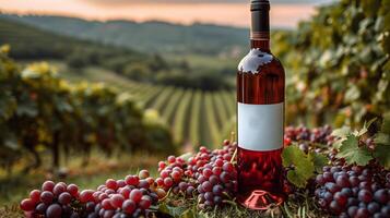 ai generado un rojo vino botella en frente de un paisaje de uva tierras de cultivo foto