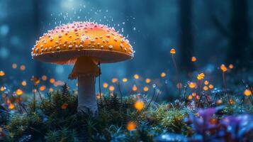 AI generated Magical mushroom in fantasy enchanted fairy tale forest. photo