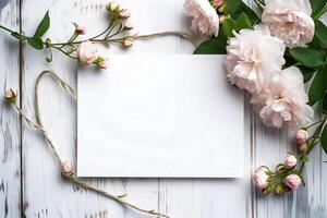 AI generated white greeting card with flowers mock up high angle view directly above decoration photo