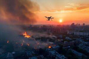 AI generated Copter drone over burning city at sunset or sunrise photo