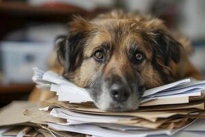 AI generated dog in an office, overwhelmed by a mountains of paperwork photo