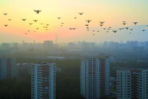 AI generated group of drones over city at summer morning photo