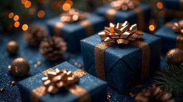 AI generated blue Christmas gift boxes with a gold bow for holiday background photo