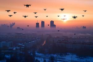 AI generated group of drones over city at winter sunset or sunrise photo