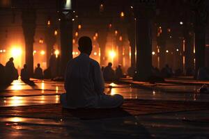 ai generado musulmán oración sentado en un mezquita a Ramadán noche con selectivo enfocar, neural red generado imagen foto