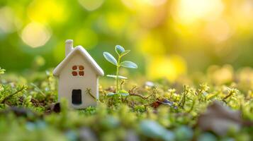 AI generated Tiny toy house on spring grass sprouts. photo