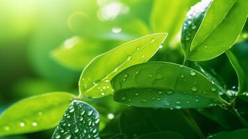 AI generated A close-up of a green leaf with water droplets under sunlight, highlighting the intricate patterns and fresh appearance of the foliage photo