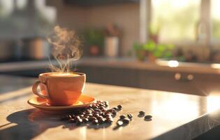 AI generated A steaming cup of coffee with latte art on a saucer decorated with coffee beans, on a rustic wooden table in a cozy kitchen setting photo