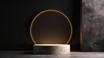 AI generated A modern round podium with golden edges on a dark textured background, ideal for showcasing cosmetic products photo