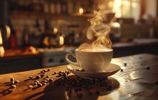 AI generated A steaming cup of coffee with latte art on a saucer decorated with coffee beans, on a rustic wooden table in a cozy kitchen setting photo