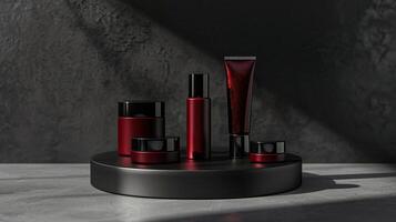 AI generated Red cosmetic tubes and jars on a circular pedestal with dark shadows, dramatic lighting, and leaf silhouette. Mockup, template photo