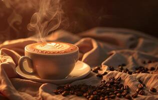 AI generated A warm and inviting cup of latte art on a saucer surrounded by coffee beans, exuding steam, set against a soft, textured backdrop photo