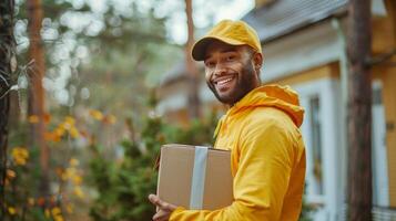 ai generado un alegre entrega hombre en un amarillo uniforme con un gorra sonrisas, participación un paquete, Listo a hacer un peldaño entrega en un residencial zona foto