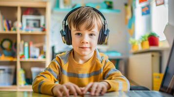 ai generado un joven estudiante se involucra con un ordenador portátil vistiendo auriculares, probable participativo en en línea aprendizaje a hogar, un moderno cambio en educación foto