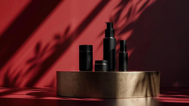 AI generated Black beauty products on a circular pedestal against a red backdrop with dramatic light and shadow play. Mockup, template photo