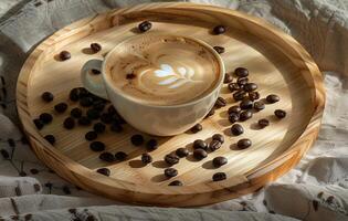 AI generated A steaming cup of latte art coffee resting on a wooden surface, surrounded by coffee beans and burlap, evoking a warm, cozy atmosphere photo