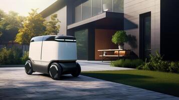 AI generated Autonomous electric delivery vehicle parked in front of a modern suburban home, the side door sliding open to reveal an array of parcels and grocery bags for contactless delivery photo