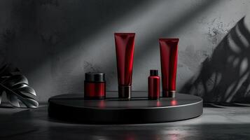 AI generated Red cosmetic tubes and jars on a circular pedestal with dark shadows, dramatic lighting, and leaf silhouette. Mockup, template photo