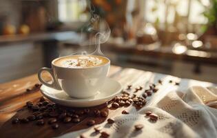 AI generated A steaming cup of coffee with latte art on a saucer decorated with coffee beans, on a rustic wooden table in a cozy kitchen setting photo