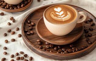 AI generated A top-down view of a cup of latte with artistic foam, surrounded by coffee beans on a wooden tray and white textured surface photo
