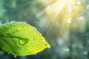 AI generated A close-up of a green leaf with water droplets under sunlight, highlighting the intricate patterns and fresh appearance of the foliage photo