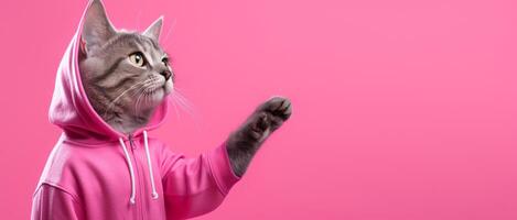 AI generated Fashion-forward cat in sunglasses and hoodie strikes a playful pose on a pink background, with ample space for your text photo