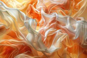 ai generado dinámica vistoso resumen imagen exhibiendo olas de parecido a un fluido tela en calentar tonos de naranja, amarillo, y blanco creando y fluido estético. resumen antecedentes fluido y flor formas foto