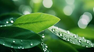 AI generated A close-up of a green leaf with water droplets under sunlight, highlighting the intricate patterns and fresh appearance of the foliage photo