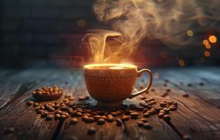 AI generated A warm, inviting cup of coffee emits steam on a rustic wooden table amidst scattered coffee beans, with a bokeh light backdrop photo